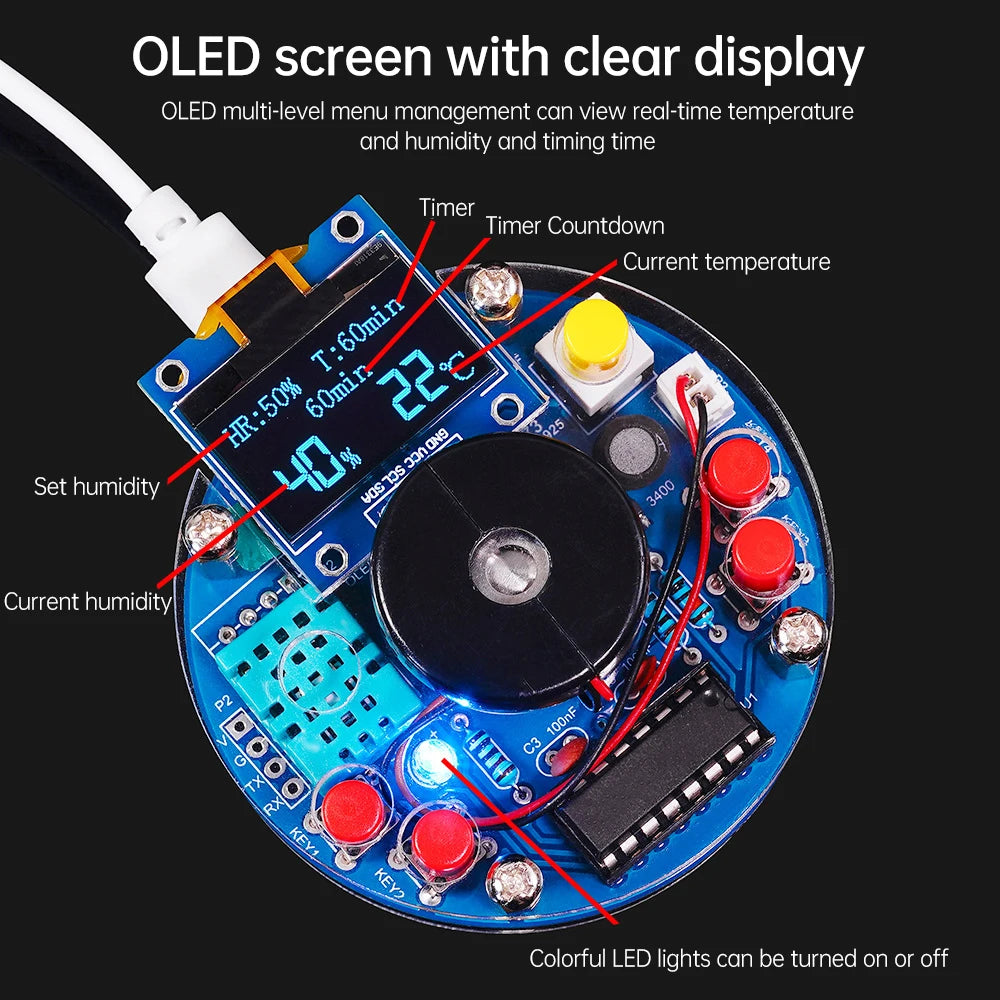 USB Humidifier Mist Electronic Diy Kit Oled Display Temperature And Humidity Spray Circuit Board Manufacturing Welding Practice