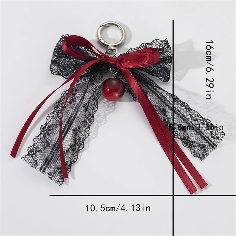 Lace bow Keychain Hollow Red Ribbon Cherry Pendant Women Handbag and Backpack Key Chain Exquisite Ornament Holiday Gift Decor