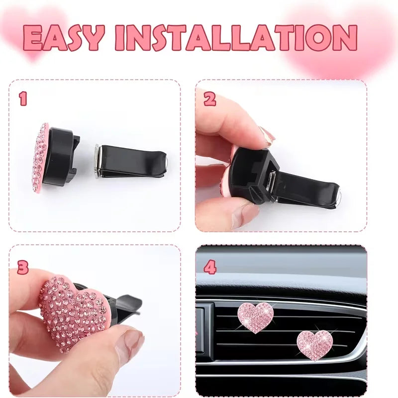 Valentine's Day Exclusive 2-Pack Sparkling Crystal Heart Car Air Vent Freshener Clips – Creative Car Interior Decor