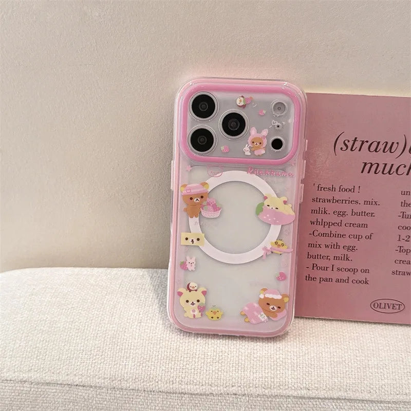 Rilakkuma Cute Magnetic Phone Case Strawberry Bear Shaky Magnetic Stand Double Layer For Iphone 15 Pro 16 Pro 17 Pro Max Pink