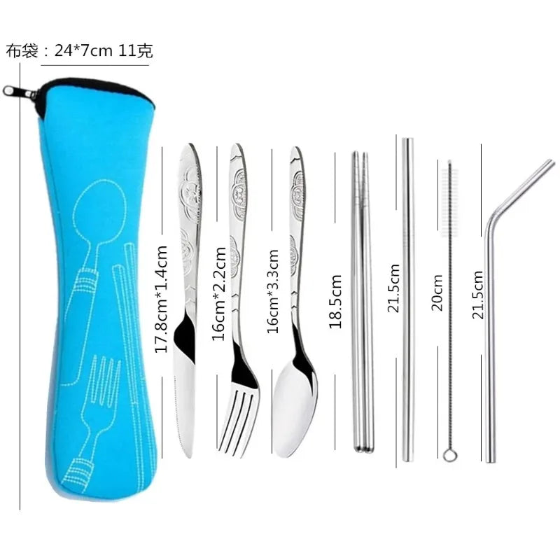 7pcs/ Set Stainless Steel Tableware Set Outdoor Portable Cloth Bag Knife Fork Spoon Chopsticks Straw Rich Flowers Seven Sets