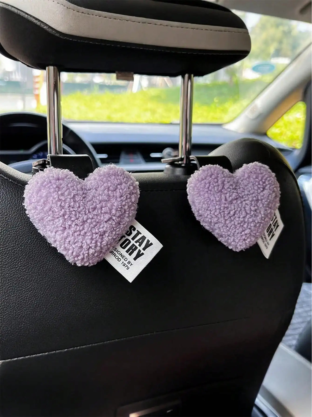 2 Plush Heart-Shaped Car Hooks - Durable and Cute Seat Back Hooks for Bags and Clothes. Easy to Install. Perfect Car Accessories