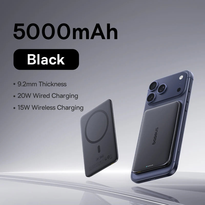 Baseus 5000mAh Magnetic Power Bank 15W Wireless 20W Wired Charging Thin Card-Sized Slim Portable Powerbank for iPhone 17 Samsung