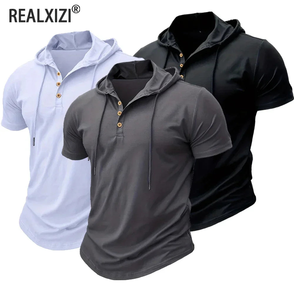 Summer Men's Casual Hooded T-shirt Loose Solid Color Lightweight Short Sleeved Male Outdoor Sports Hoodies Tee Tops