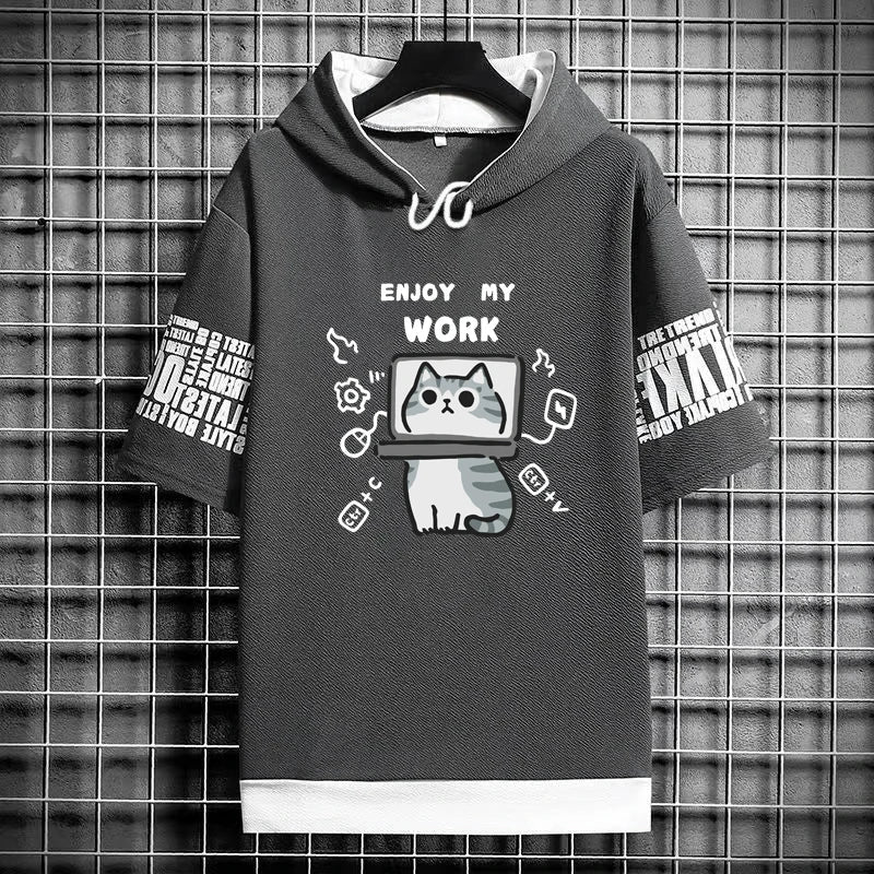 Harajuku Men's T-Shirt Hoodie Women Cartoon Cat Print Graphics T-Shirt Streetwear Funny Shirt Korean Fashion Short Sleeve Tops