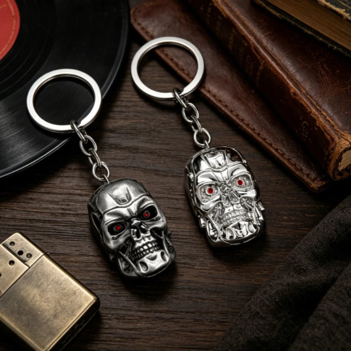 Punk Gothic 3D Robot Skull Keyring Terminator T800 Alloy Pendant Red Eyes Gift For Guys Cosplay Prop