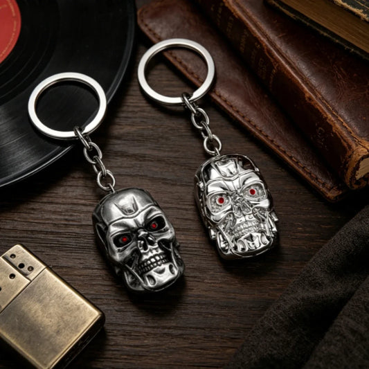 Punk Gothic 3D Robot Skull Keyring Terminator T800 Alloy Pendant Red Eyes Gift For Guys Cosplay Prop