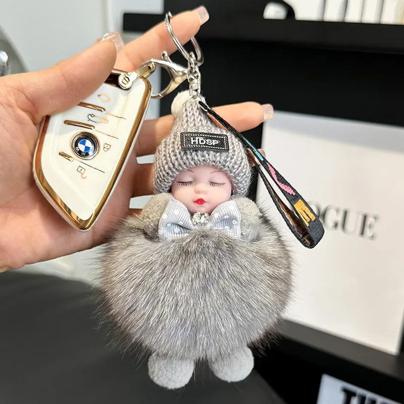 Pompom Sleeping Doll Keychain Cute Fluffy Plush Doll Keychains Women Girl Bags Keyrings Cars Key Ring  Gift Charming  Decoration