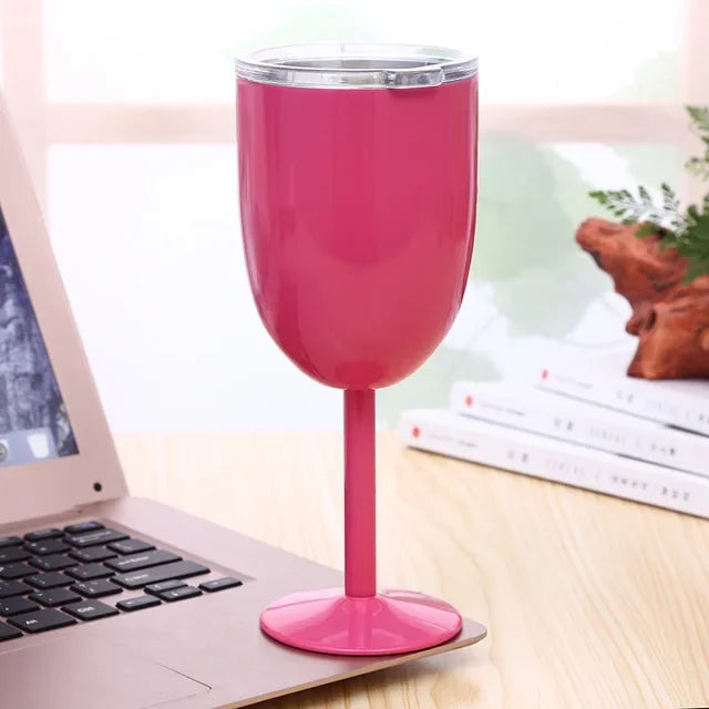 10oz Goblet Wine Cup With Seal Lid Double Wall Stainless Steel Tumbler Champagne Layer Cocktail Mug For Christmas Party