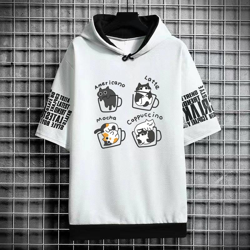 Harajuku Men's T-Shirt Hoodie Women Cartoon Cat Print Graphics T-Shirt Streetwear Funny Shirt Korean Fashion Short Sleeve Tops