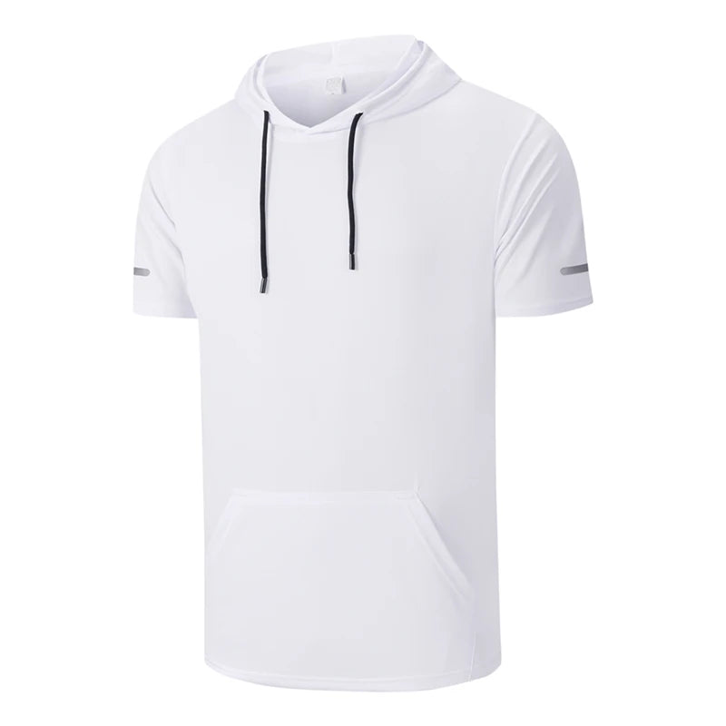 Men Hooded T Shirt Sports Fitness Gym T Shirt Short Sleeve Hoodie Summer Sweatwear Loose Solid Color Lightweight T-shirt