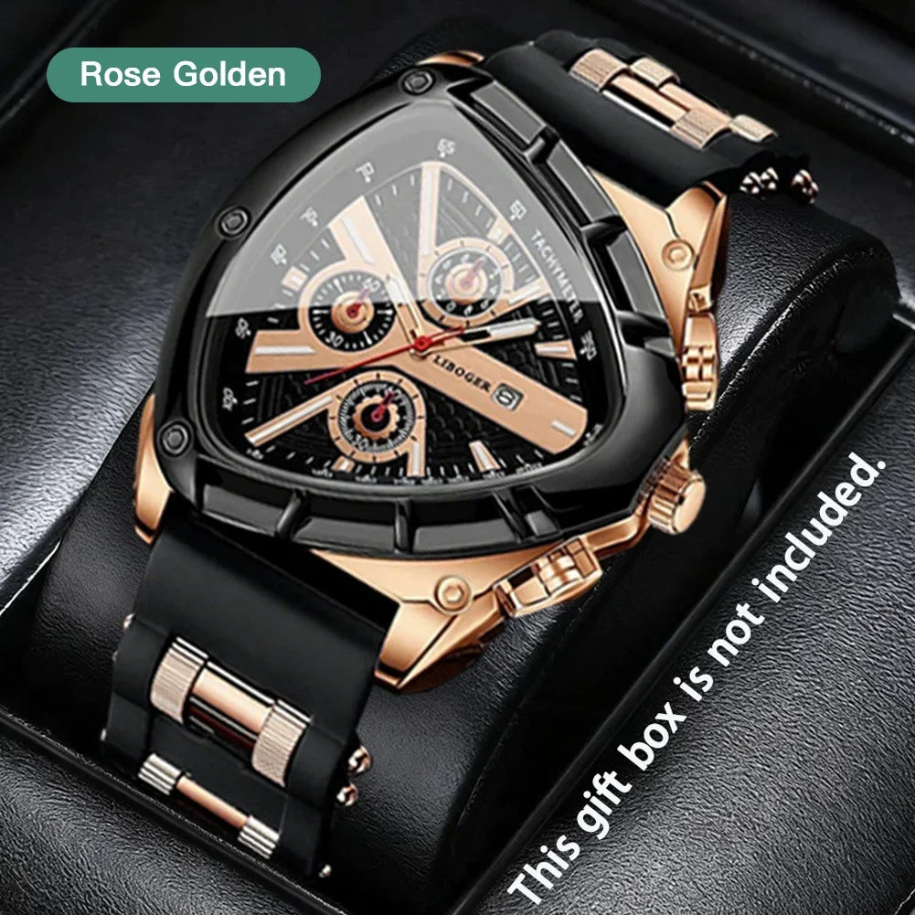 Men Universal Casual Quartz Watch Multifunctional Polygonal Three-Eye Dial Silicone Strap Auto Date Wristwatch Men Festival Gift