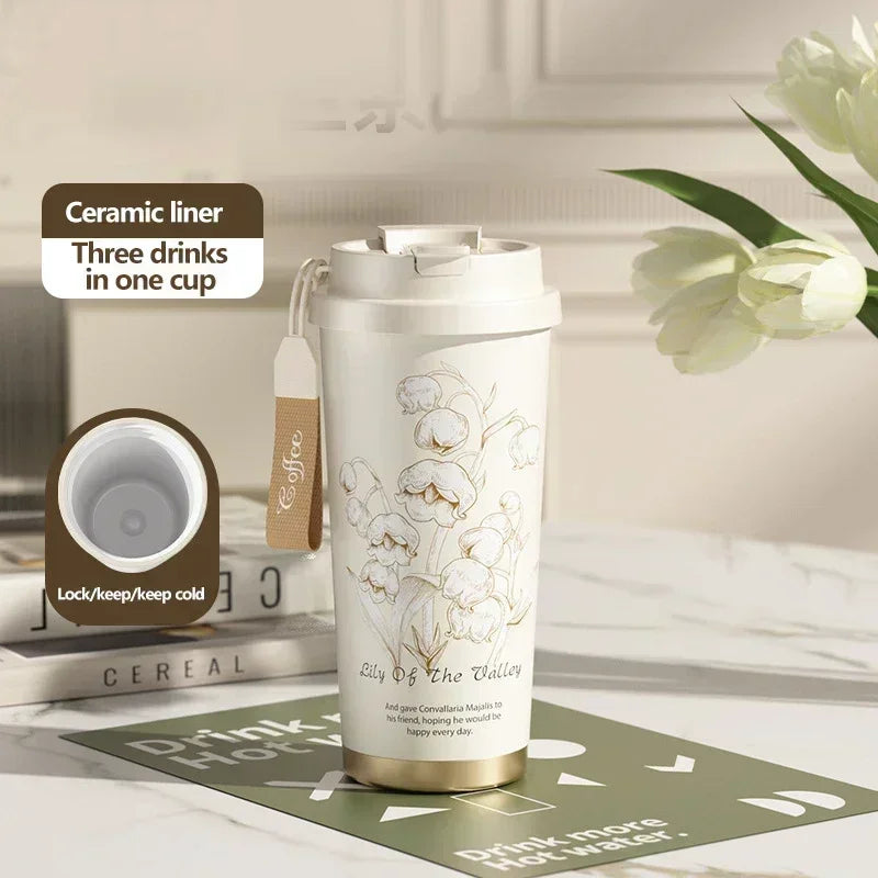 2026 Hot Lily of The Valley Design Travel Portable Leakproof Sippy Cup Coffee Cup Stainless Steel Car Cold Handy Cup lijiao