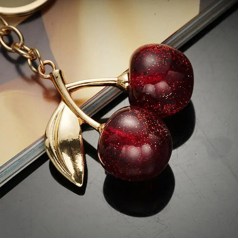 Glitter Resin Cherry Keychain, Golden Hardware Bag Charm, Elegant Retro Fruit Pendant for Handbag and Car Key Decoration