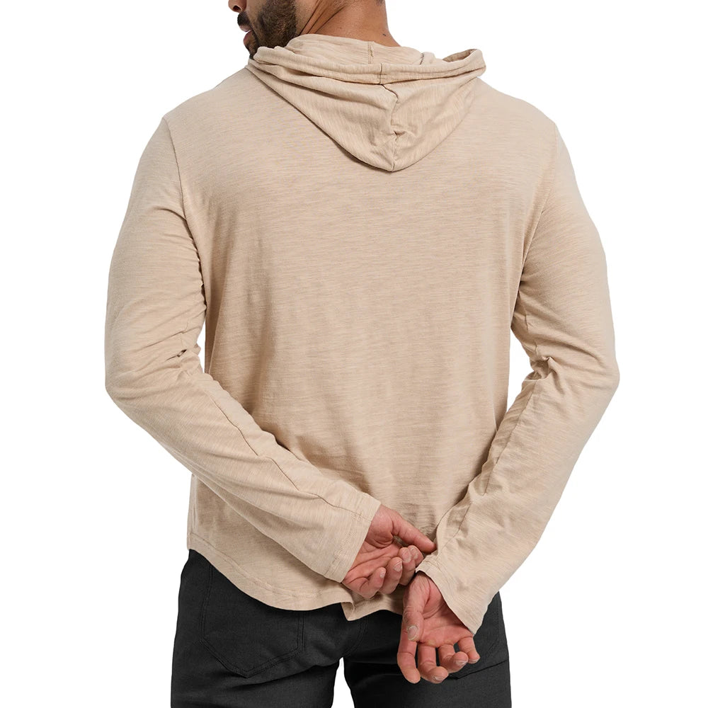 Men's Solid Color Long Sleeve T-shirt Hooded Design Fashion Breathable Tees Lightweight Drawstring Cozy Cotton Tops