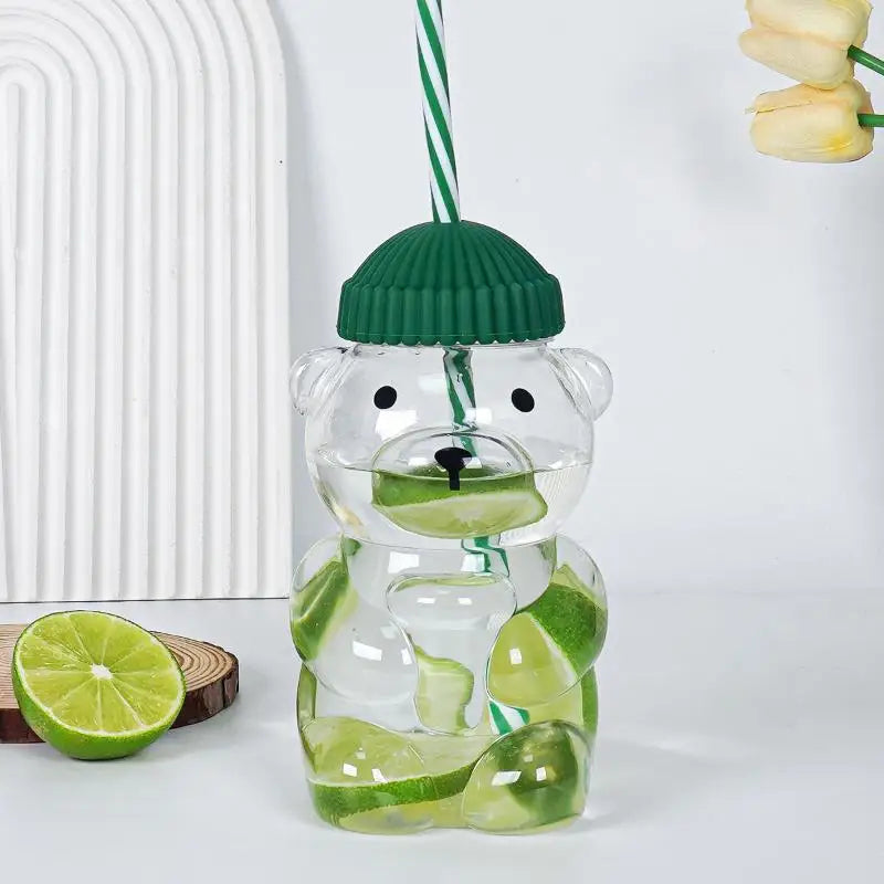With Straw Transparent Creative Milk Coffee Water Cups 550ML Cartoon Bear Shaped Coffee Mug Cute Bear Mug PET Plastic Cup