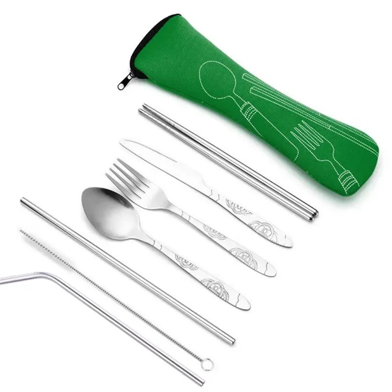7pcs/ Set Stainless Steel Tableware Set Outdoor Portable Cloth Bag Knife Fork Spoon Chopsticks Straw Rich Flowers Seven Sets