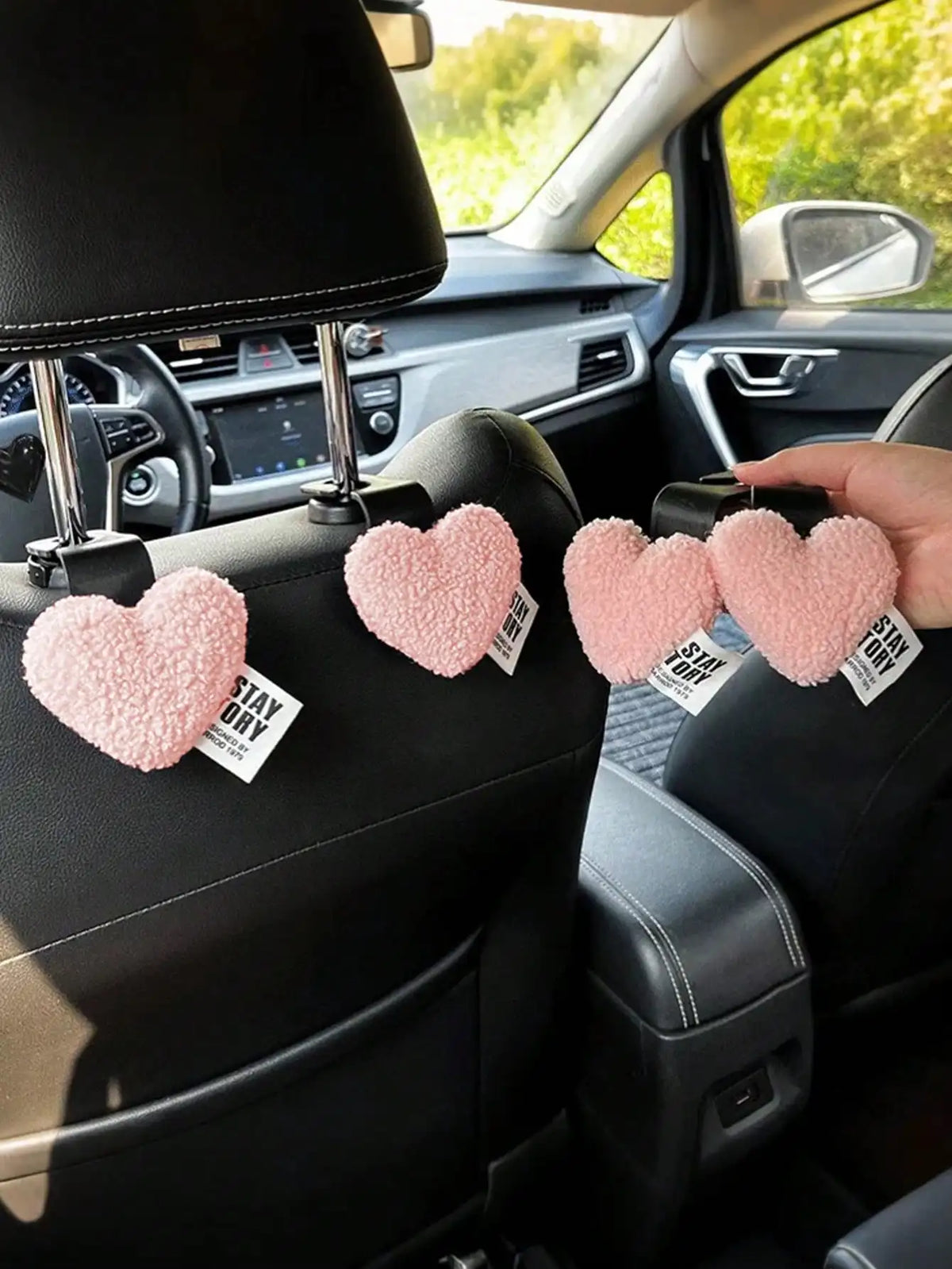 2 Plush Heart-Shaped Car Hooks - Durable and Cute Seat Back Hooks for Bags and Clothes. Easy to Install. Perfect Car Accessories
