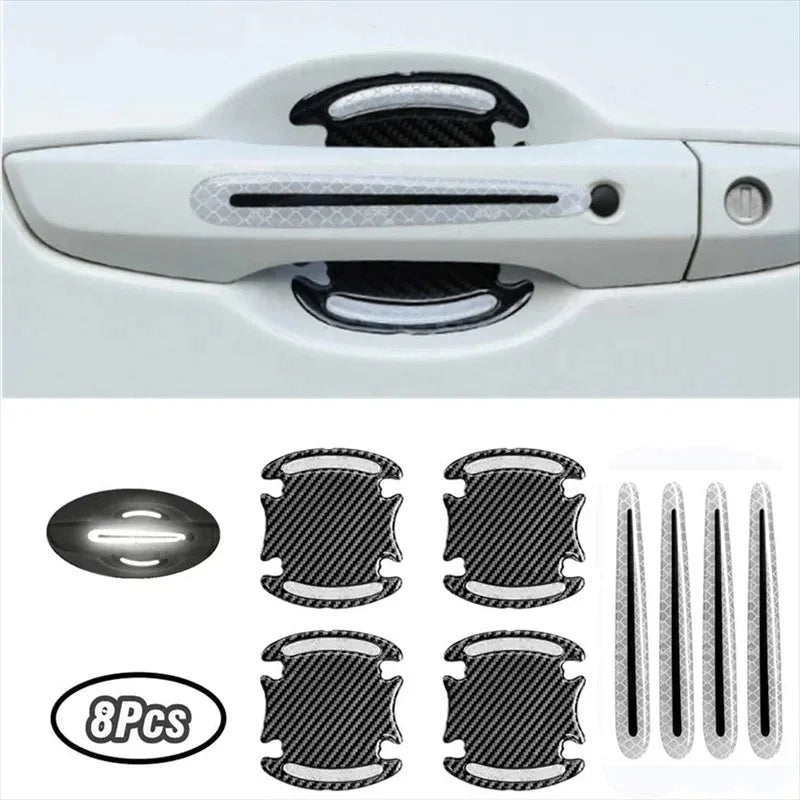 8Pcs Carbon Fiber Car Door Handle Bowl Scratch Protector Stickers, Universal Auto Reflective Anti-scratch Protective Film