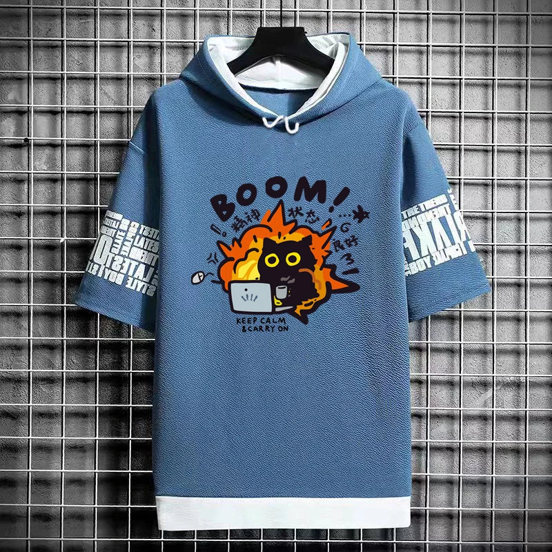 Harajuku Men's T-Shirt Hoodie Women Cartoon Cat Print Graphics T-Shirt Streetwear Funny Shirt Korean Fashion Short Sleeve Tops