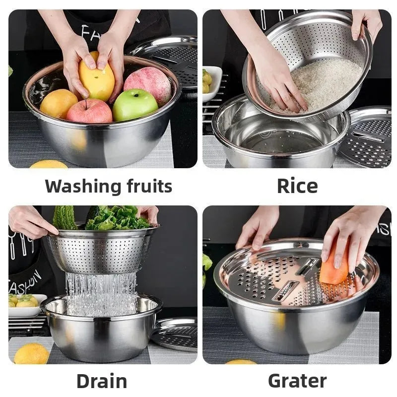 Vegetable Slicer Grater Kitchen Accessories Stainless Steel Multifunctional Strainer and Mixing Bowl Set for Washing Fruits