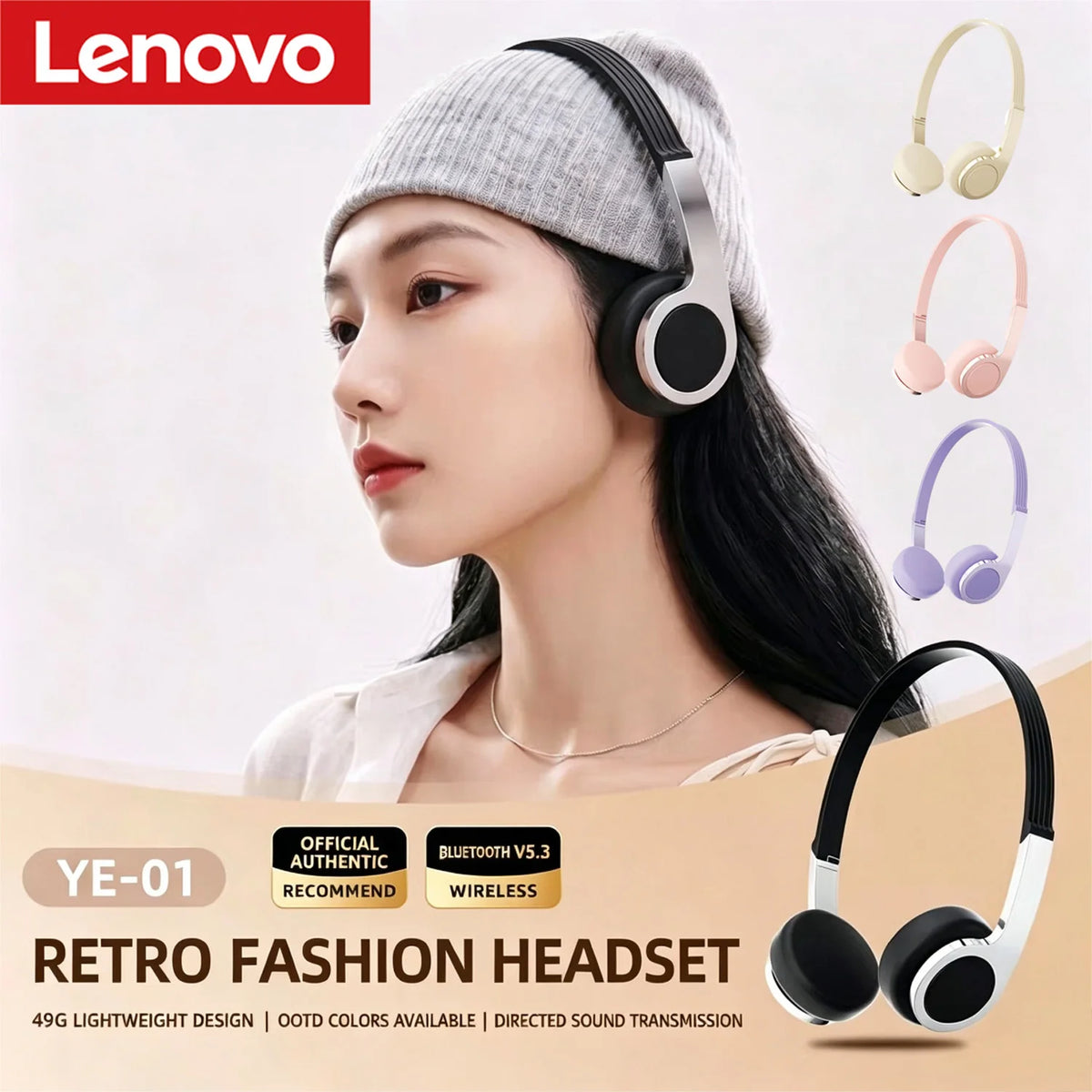 Lenovo New Retro Compact Over-Ear Bluetooth Headphones Perfect for Photos with Wireless Bluetooth Headphones in Macaron Colors