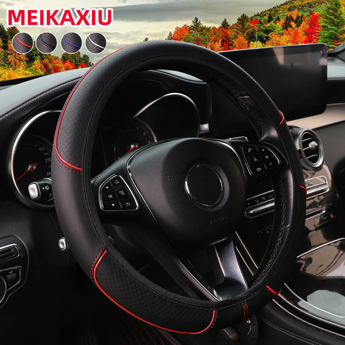Car Steering Wheel Cover PU Leather Check-Pattern Embossed Trim Non-Ring 37-38cm Interior Accessory for Vehicle