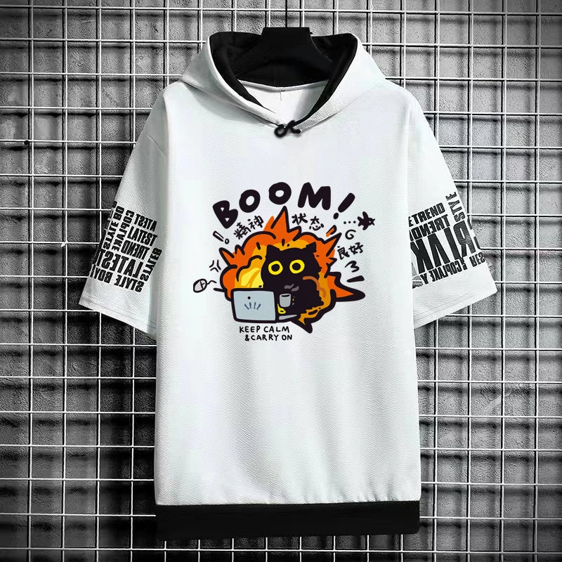 Harajuku Men's T-Shirt Hoodie Women Cartoon Cat Print Graphics T-Shirt Streetwear Funny Shirt Korean Fashion Short Sleeve Tops