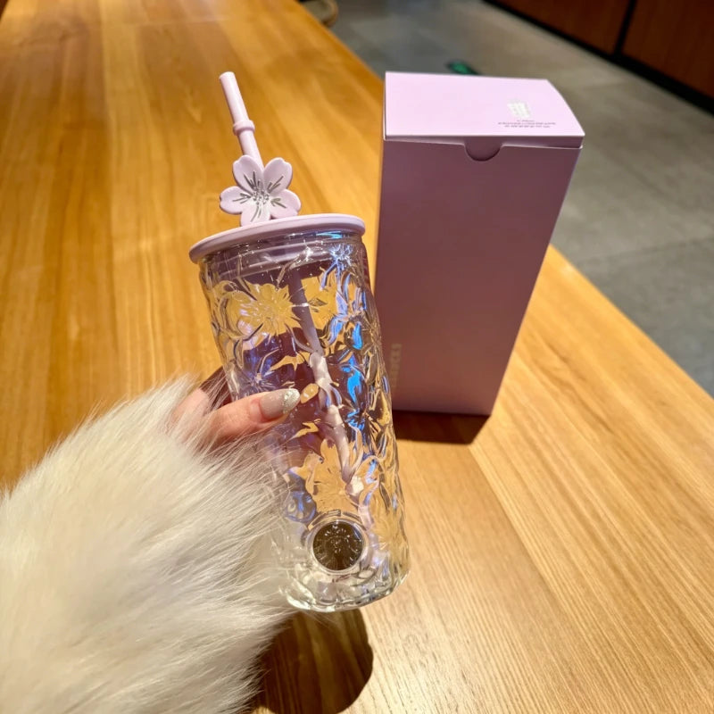 Starbucks 575ml Iridescent Sakura Glass Tumbler, Embossed Texture, Pink Lid & Cherry Blossom Straw Topper Starbucks Cup
