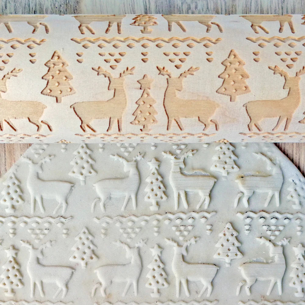 Christmas Snowflake Elk Wooden Rolling Pin Dough Engraved Roller DIY Supplies