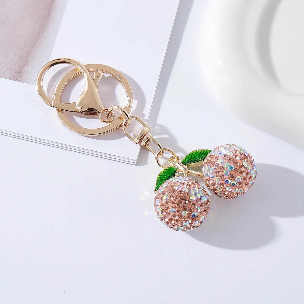 Full Rhinestones Cherry Keychain Couple Keychain Girl Decoration Small Pendant Car Key Ring Student Bag Pendant