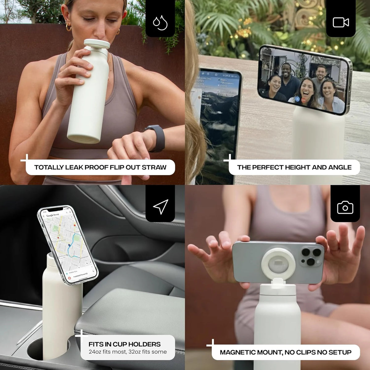 24oz Insulated Water Bottle with Magnetic Phone Mount & Sip Straw Lid for Daily Use