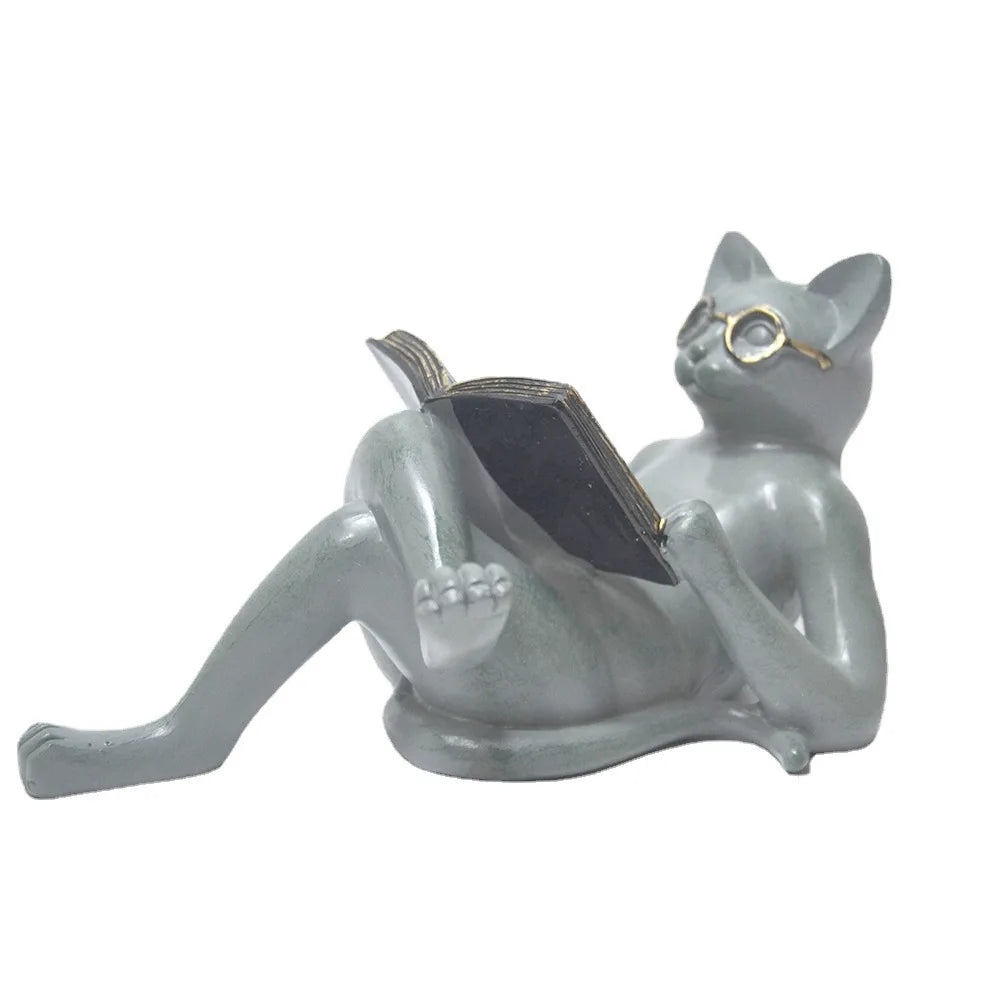 Reading Cat Statue‌ - Resin Figurine with Book for Garden & Home Decor