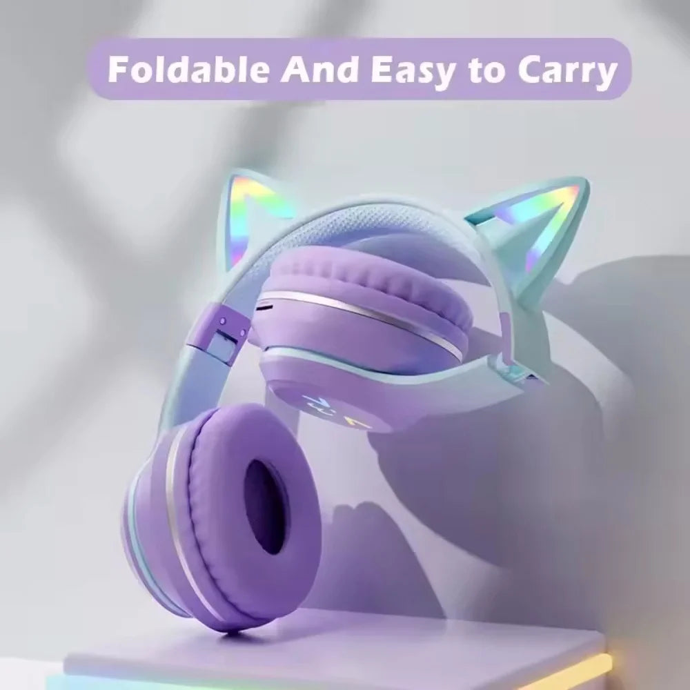 Gradient wireless Headphones RGB cute cat ear Bluetooth Earphones with microphone Stereo Music Game Earphone Girls Kids Gifts