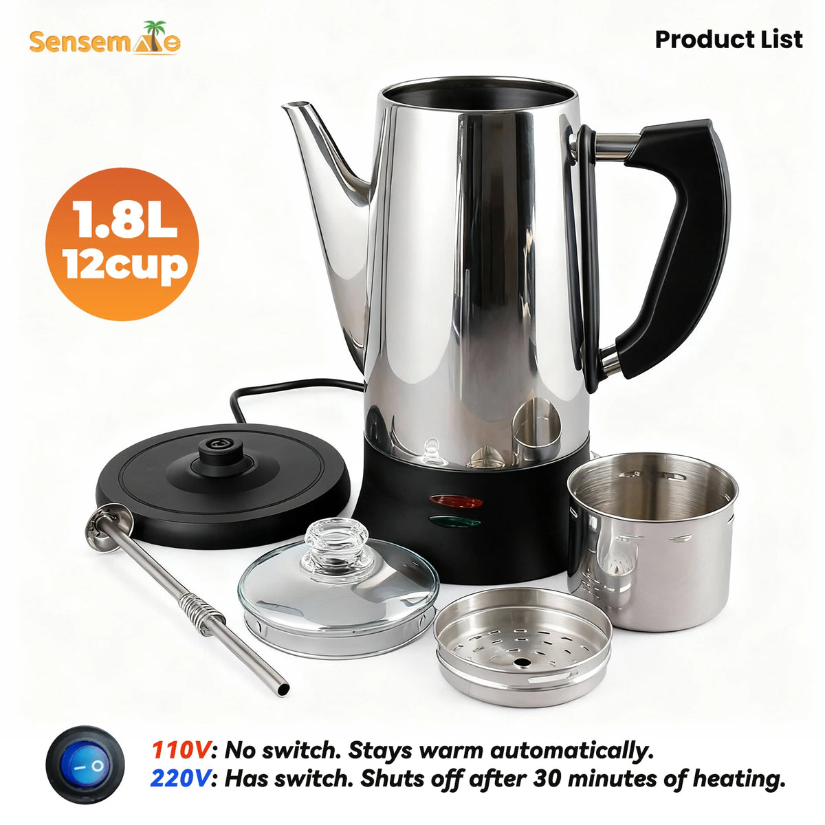 Electric Coffee Percolator 1.8L 12 Cup 304 Stainless Steel Coffee Maker Keep Warm Fast Brew Filter Pot For Home Camping Office