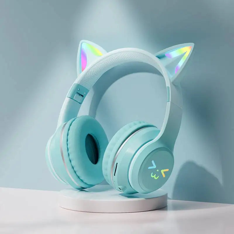 Gradient wireless Headphones RGB cute cat ear Bluetooth Earphones with microphone Stereo Music Game Earphone Girls Kids Gifts