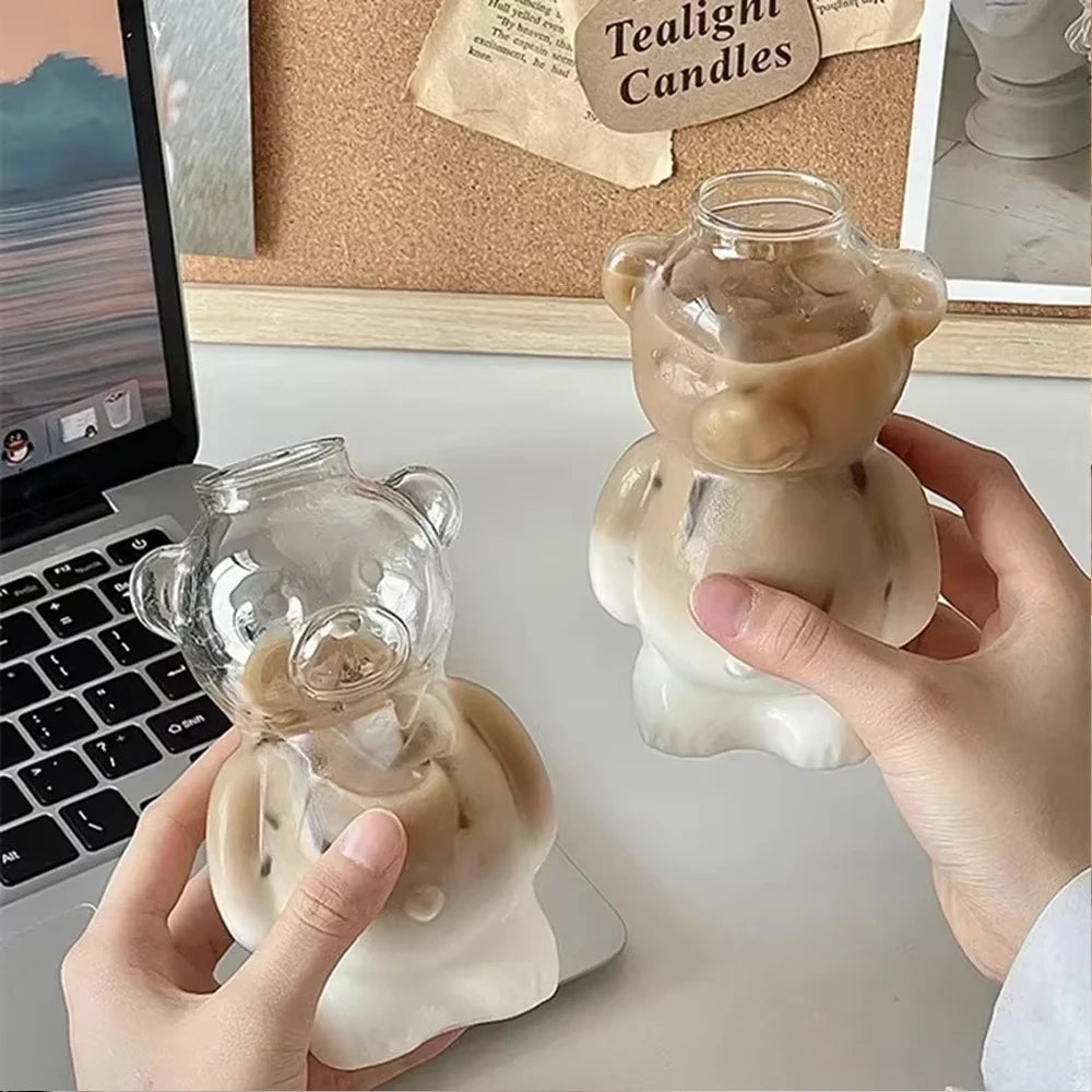 Cartoon Bear Shaped Coffee Mug Cute Bear Mug Glass Cup With Straw Transparent Creative Milk Coffee Water Cups