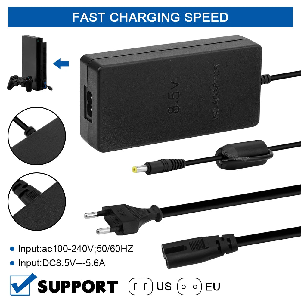 NEW EU US Plug Power Supply For PS2 Replacement AC Adapter Charger Cable Cord 100‑240V DC 8.5V for PS2 Slim 70000 Console