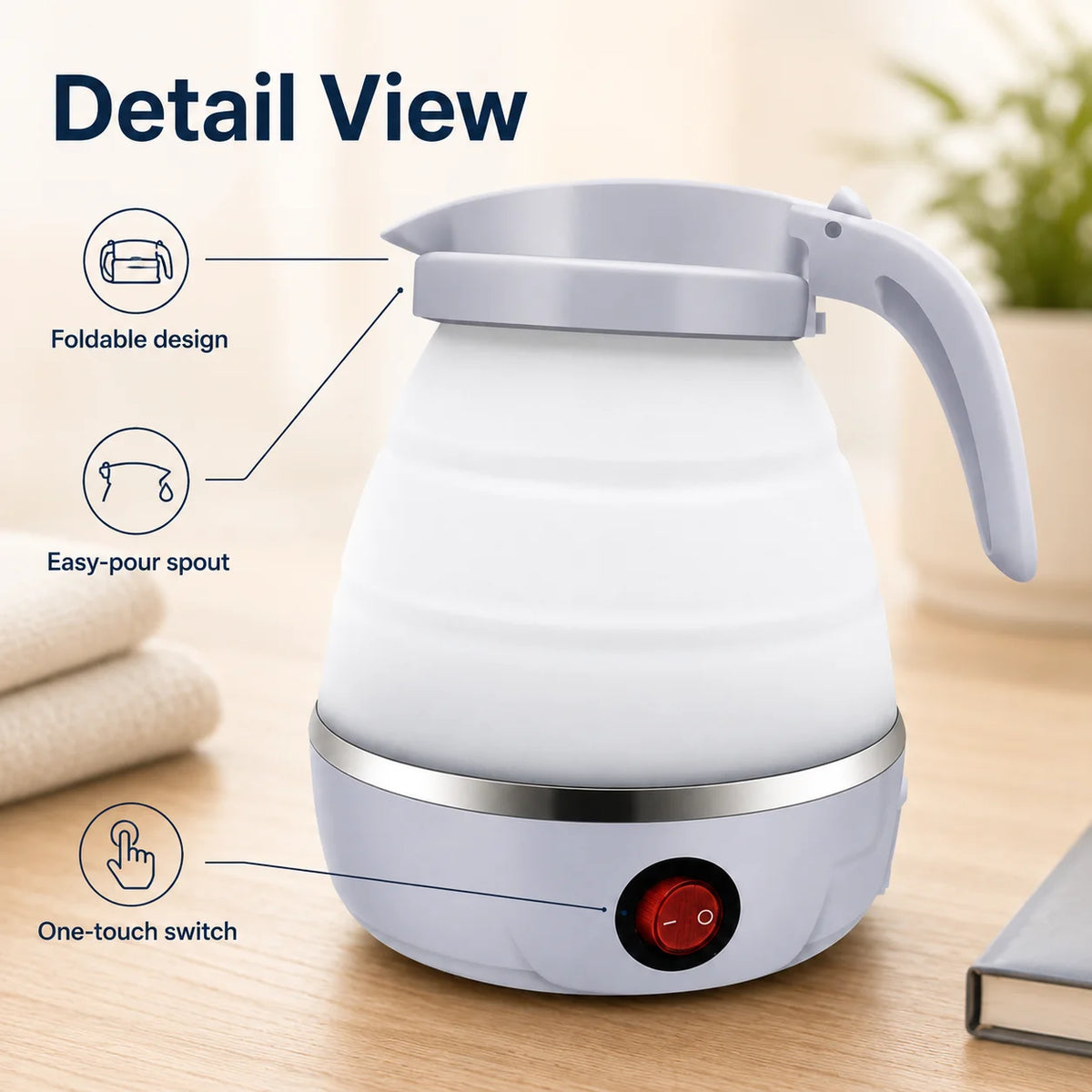 600ml Collapsible Electric Travel Kettle – Foldable, for Camping and Caravanning, with Silicone Handle