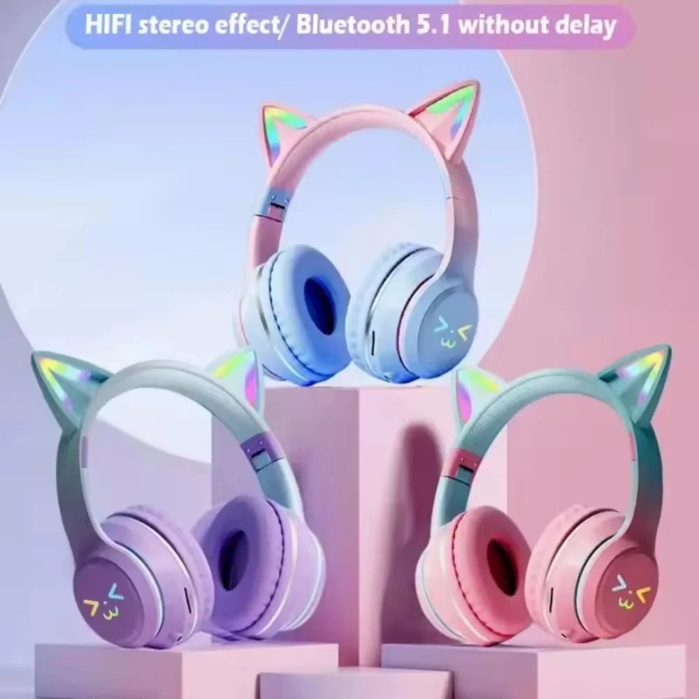 Gradient wireless Headphones RGB cute cat ear Bluetooth Earphones with microphone Stereo Music Game Earphone Girls Kids Gifts