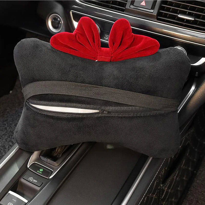 1pc Cute Cartoon Red Bowknot Car Neck Pillow Universal Auto Seat Headrest Support Seatbelt Cover Car Accessories for Women