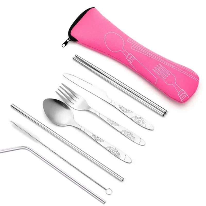 7pcs/ Set Stainless Steel Tableware Set Outdoor Portable Cloth Bag Knife Fork Spoon Chopsticks Straw Rich Flowers Seven Sets