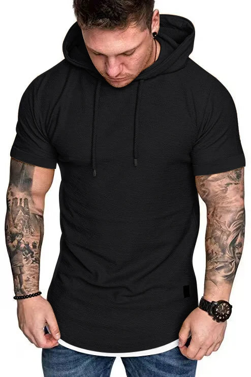 New men's summer hooded T-shirt Men's solid color top men's short sleeve T-shirt Hoodie casual fashion men's short sleeve