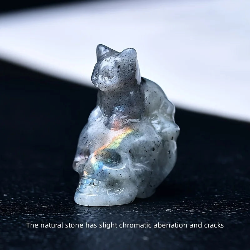 CUPIDCRYSTAL Hand-Carved Natural Crystal Skull Cat Figurine - Perfect for Halloween Decor & Gifts, 1.18in