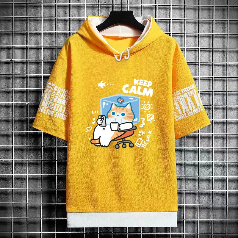 Harajuku Men's T-Shirt Hoodie Women Cartoon Cat Print Graphics T-Shirt Streetwear Funny Shirt Korean Fashion Short Sleeve Tops