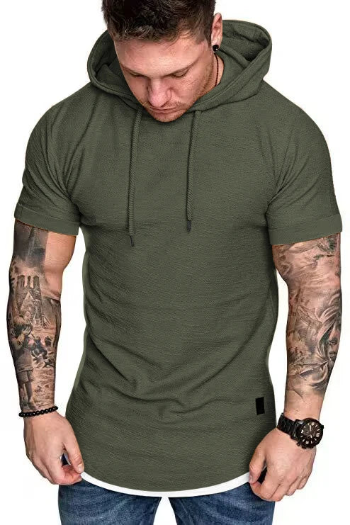 New men's summer hooded T-shirt Men's solid color top men's short sleeve T-shirt Hoodie casual fashion men's short sleeve