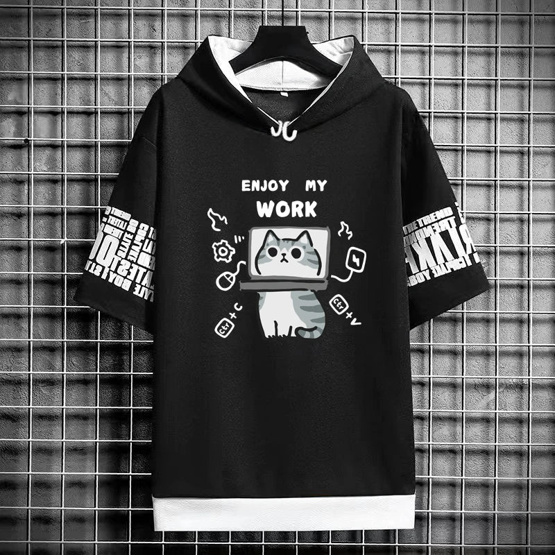 Harajuku Men's T-Shirt Hoodie Women Cartoon Cat Print Graphics T-Shirt Streetwear Funny Shirt Korean Fashion Short Sleeve Tops