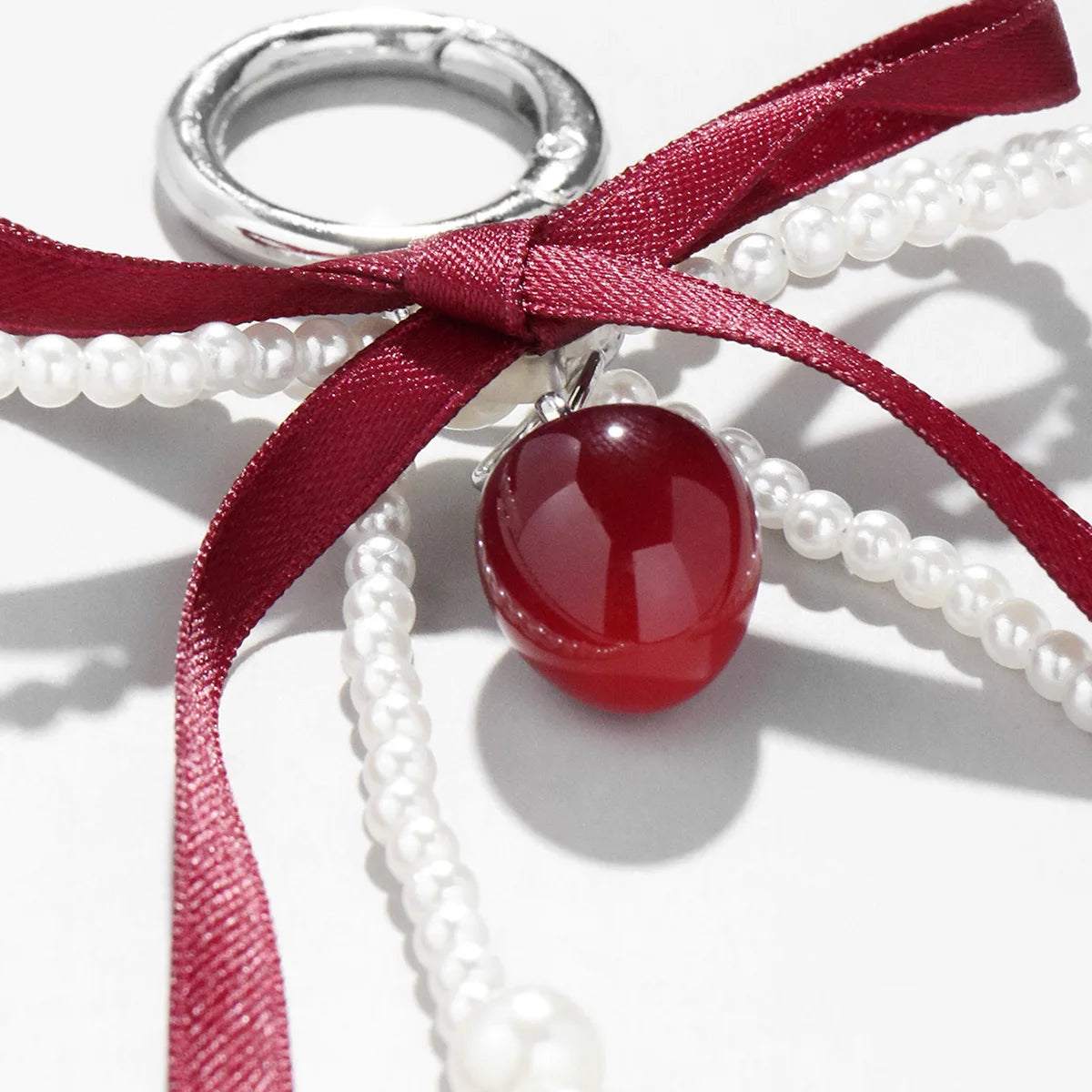 Wine Red Ribbon Cherry Pendants Keychain Women Sweet White Pearl Bow Backpack Key Ring Jewelry Bags Decoration Friendship Gifts