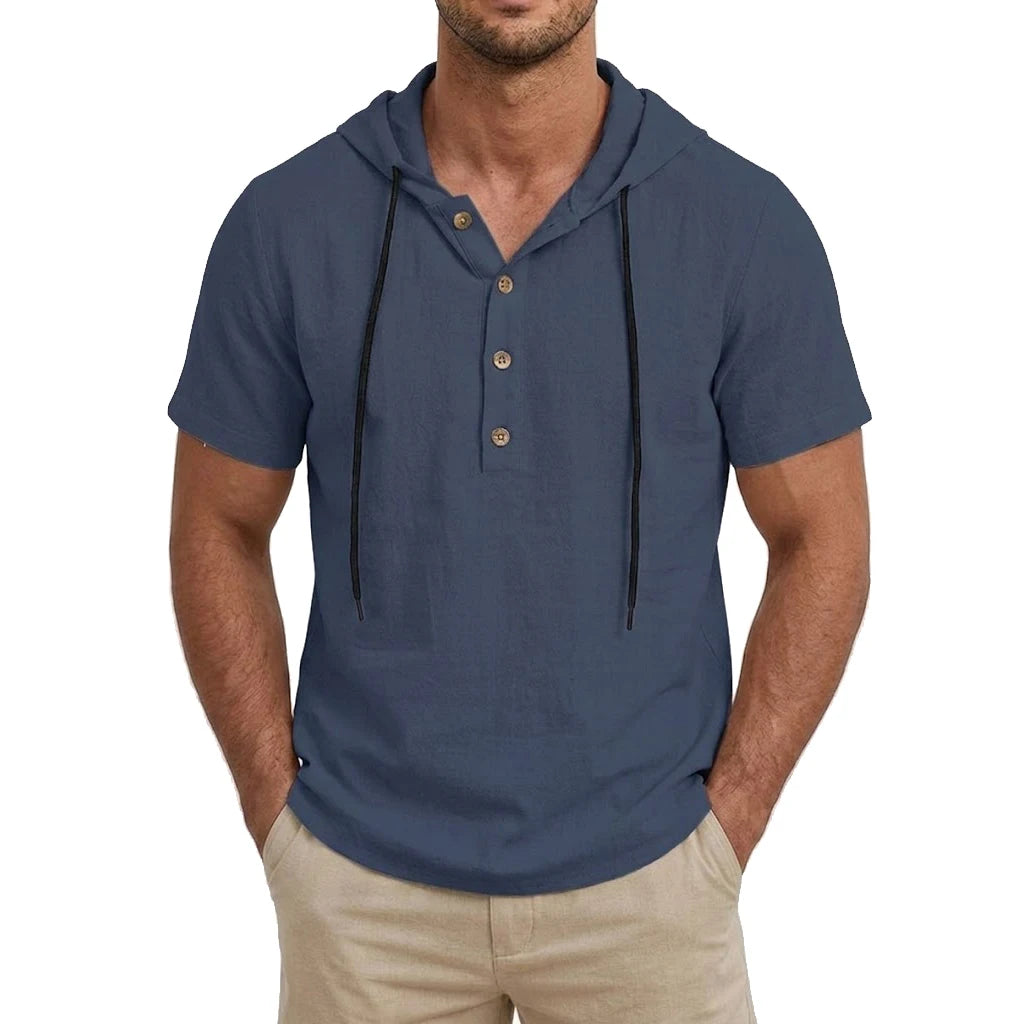 Summer Mens Linen Hooded Shirts for Men Lightweight Short Sleeve Casual T-Shirts Button Cotton Hoodie Hawaiian T Shirts for Men