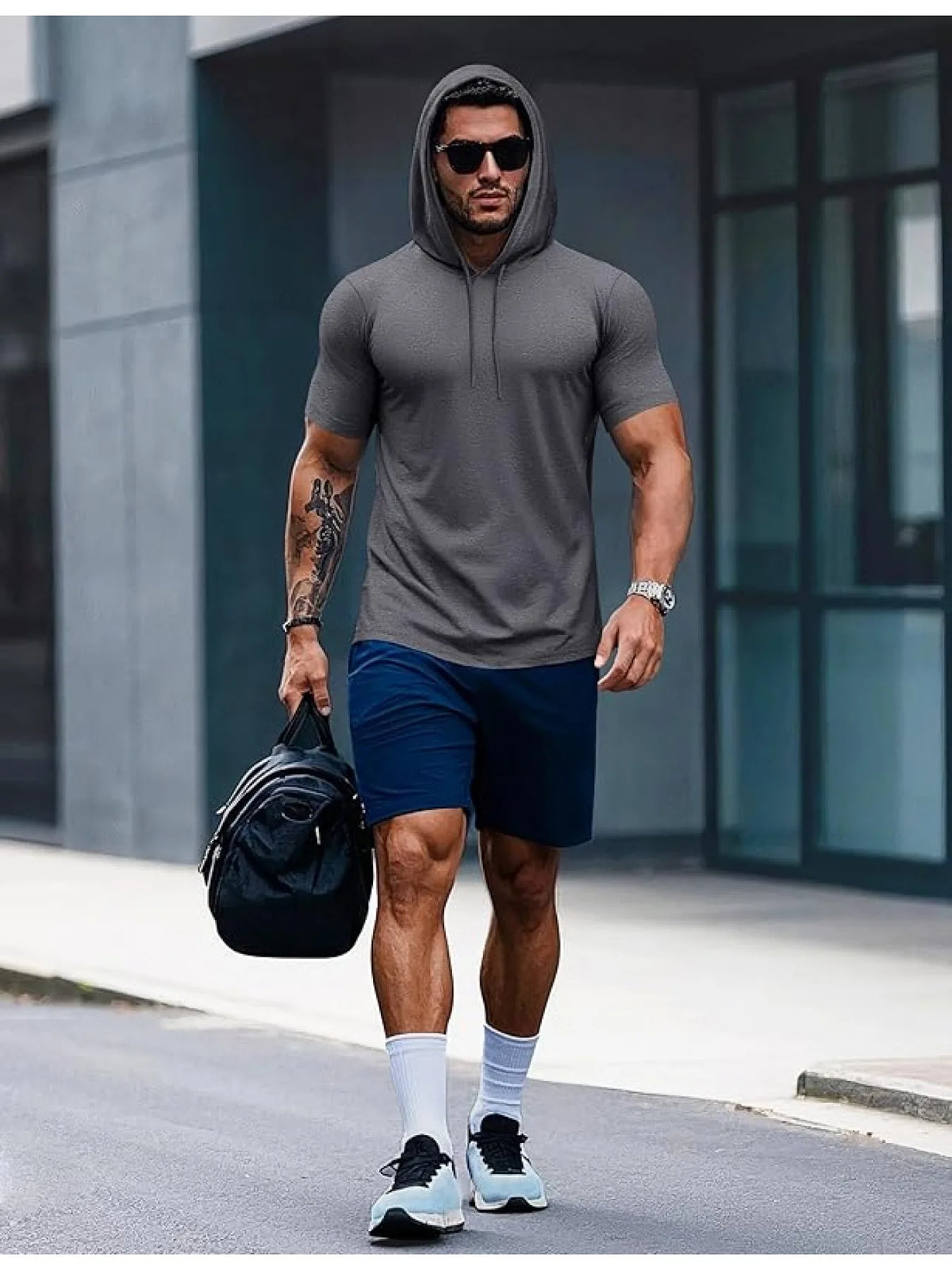 Men's short sleeved hooded sweatshirt hooded T-shirt lightweight sports shirt hooded